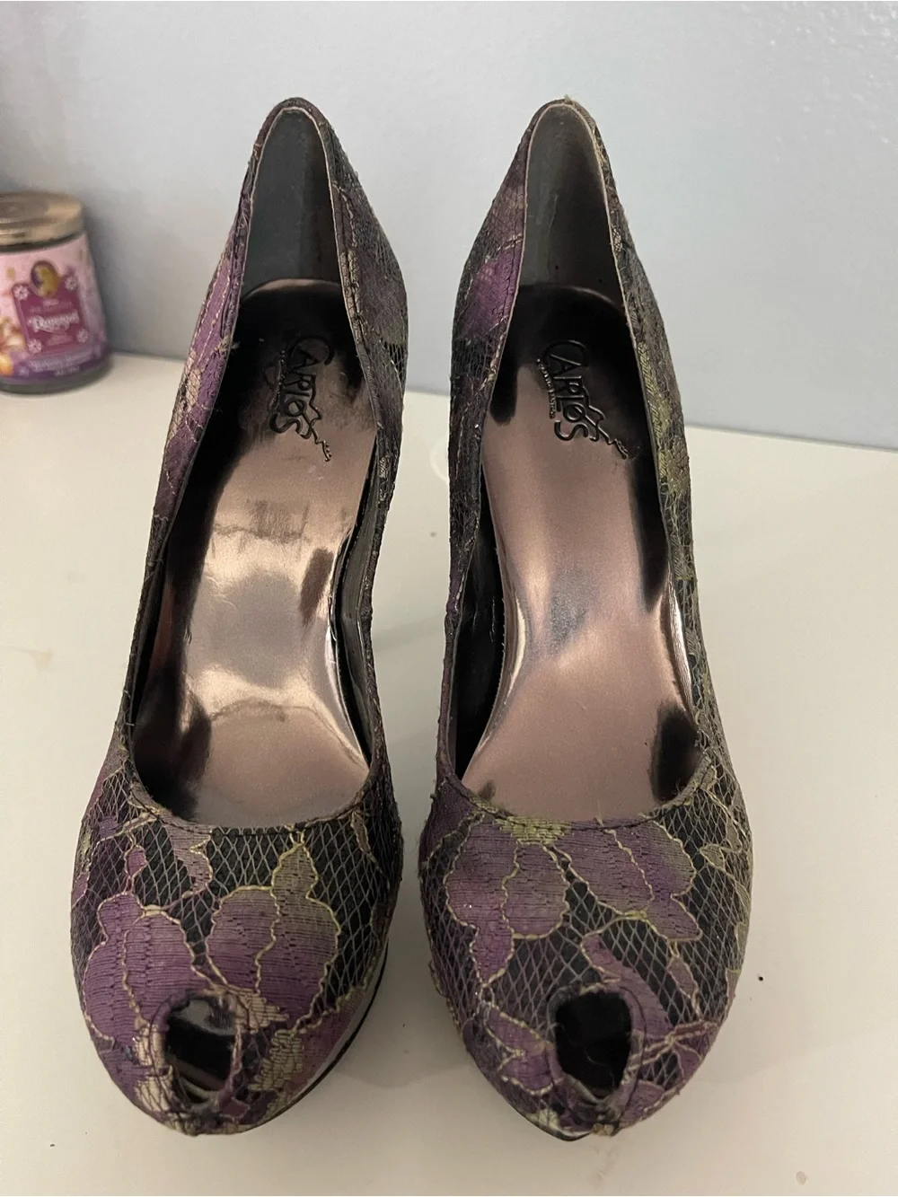 Women's Purple Floral Lace Peep-Toe Platform Pumps
